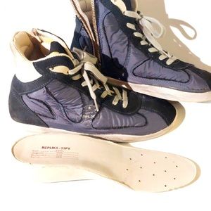 Replika-03PY blue leather & nylon wedge hi-top sneakers, EU38, EUC